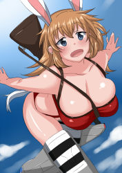 Rule 34 | 1girl, bare shoulders, between breasts, blue eyes, breasts, brown hair, charlotte e. yeager, cleavage, huge breasts, komusou (jinrikisha), long hair, midair, open mouth, smile, solo, strap between breasts, strike witches, striker unit, world witches series