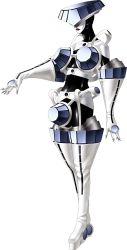 Rule 34 | 1girl, artemis (persona 2), bodysuit, boots, colored skin, elbow gloves, full body, gloves, hat, hidden eyes, kazuma kaneko, official art, persona, persona 2, platform footwear, solo, thigh boots, thighhighs, transparent background, white skin