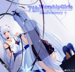 1girl absurdres aer_(tengqiu) bare_shoulders black_choker black_dress blunt_bangs blush breasts choker cleavage collarbone dress dutch_angle essex_(warship_girls_r) feet_out_of_frame hair_ornament high_heels highres holding jewelry long_hair looking_at_viewer medium_breasts mirror necklace official_alternate_costume red_eyes reflection ribbon sleeveless sleeveless_dress solo spaghetti_strap standing thighs two_side_up very_long_hair warship_girls_r weibo_logo weibo_watermark white_dress white_hair