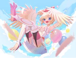 Rule 34 | 1girl, animal feet, balloon, bare shoulders, black thighhighs, blonde hair, blue eyes, blush, breasts, claws, clothing cutout, commentary request, dress, feathers, flying, hair between eyes, hair ribbon, harpy, highres, indie virtual youtuber, leotard, mavia (vtuber), monster girl, navel cutout, pink ribbon, pink thighhighs, pleated skirt, ribbon, skirt, sky, sleeveless, small breasts, solo, stirrup legwear, talons, thighhighs, toeless legwear, uchako, virtual youtuber, white dress, white feathers, white leotard, white wings, winged arms, wings