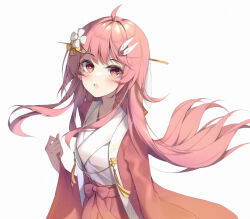 Rule 34 | 1girl, absurdres, ahoge, alister, animal ears, chihaya (clothing), floating hair, floppy ears, flower, from above, hair flower, hair ornament, hair stick, hair tubes, hairclip, hakama, hakama skirt, hand up, highres, indie virtual youtuber, japanese clothes, kimono, long hair, looking at viewer, looking to the side, lop rabbit ears, miko, official alternate costume, pink eyes, pink hair, rabbit ears, rabbit hair ornament, red hakama, shirako (vtuber), simple background, skirt, solo, tassel, third-party source, upper body, virtual youtuber, white background, white flower, white kimono, yellow flower