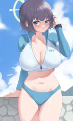 Rule 34 | 1girl, absurdres, arm support, blue archive, blush, breasts, cleavage, collarbone, tucking hair, halo, highres, large breasts, looking at viewer, navel, official alternate costume, outdoors, partially unzipped, purple hair, rash guard, saki (blue archive), saki (swimsuit) (blue archive), solo, tomid, watch, wristwatch