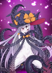 Rule 34 | 1girl, abigail williams (fate), abigail williams (third ascension) (fate), bad id, bad pixiv id, black bow, blush, bow, breasts, colored tongue, convenient censoring, facial mark, fate/grand order, fate (series), forehead mark, full body, hat, hat bow, highres, keyhole, kneeling, licking, long hair, looking at viewer, navel, nude, open mouth, orange bow, pale skin, polka dot, polka dot bow, purple eyes, purple tongue, pussy, saliva, silver hair, small breasts, solo, spread legs, sunday se7en, tentacles, tongue, very long hair, witch hat