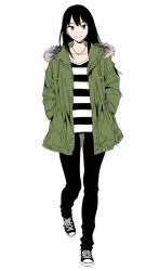 Rule 34 | 10s, 1girl, black hair, casual, converse, green eyes, hands in pockets, idolmaster, idolmaster cinderella girls, jacket, jewelry, necklace, parka, shibuya rin, shirt, shoes, sneakers, solo, striped clothes, striped shirt, yurikawa