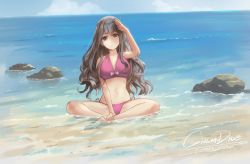 Rule 34 | 1girl, 2017, beach, bikini, character request, copyright request, day, english text, grey eyes, grey hair, highres, indian style, long hair, navel, ocean, outdoors, rock, salute, sendo (sendrawz), sitting, smile, solo, swimsuit, text focus
