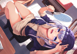 Rule 34 | 1girl, absurdres, bare legs, beanie, book, bookshelf, boots, braid, chair, collarbone, commentary request, dutch angle, from above, hand fan, hat, highres, jacket, knit hat, long hair, long hoodie, looking at viewer, miniskirt, mizuiro raika, office chair, open mouth, original, paper fan, purple eyes, purple hair, skirt, solo, sweat, swivel chair, uchiwa, woollen cap