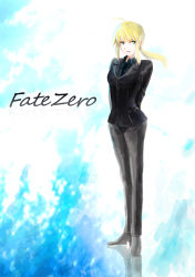 Rule 34 | 1girl, ahoge, artoria pendragon (all), artoria pendragon (fate), bad id, bad pixiv id, blonde hair, fate/stay night, fate (series), formal, gloves, green eyes, kisen, necktie, pant suit, pants, ponytail, saber (fate), solo, suit