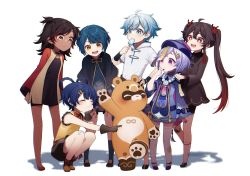 Rule 34 | 2boys, 4girls, ^ ^, aged down, blue eyes, blue hair, brown hair, child, chinese clothes, chongyun (genshin impact), closed eyes, closed mouth, coin hair ornament, dark-skinned female, dark skin, dress, closed eyes, flower, flower-shaped pupils, food, full body, genshin impact, gloves, guoba (genshin impact), hair ornament, hair rings, hat, highres, hu tao (genshin impact), ice cream, koohiirin, long hair, long sleeves, looking at another, multiple boys, multiple girls, ofuda, open mouth, panda, plum blossoms, purple eyes, purple hair, purple headwear, qingdai guanmao, qiqi (genshin impact), red eyes, red panda, shoes, short hair, short shorts, shorts, simple background, smile, squatting, symbol-shaped pupils, talisman, thighhighs, twintails, vision (genshin impact), white background, xiangling (genshin impact), xingqiu (genshin impact), xinyan (genshin impact), yellow eyes