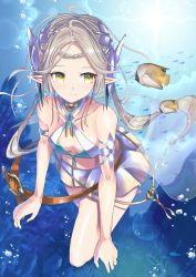 Rule 34 | 1girl, absurdres, bikini, blonde hair, epic seven, fal si0n, fish, flat chest, highres, iseria (epic seven), pale skin, pointy ears, revealing clothes, solo, swimsuit, swimsuit skirt, thighs, twintails, underwater, yellow eyes