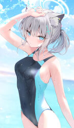 Rule 34 | 1girl, animal ears, bare arms, bare legs, bare shoulders, blue archive, blue eyes, blush, closed mouth, cowboy shot, cross hair ornament, grey hair, hair ornament, halo, long hair, multicolored clothes, multicolored swimsuit, official alternate costume, one-piece swimsuit, pon (ponidrop), ponytail, shiroko (blue archive), shiroko (swimsuit) (blue archive), solo, swimsuit, wolf ears
