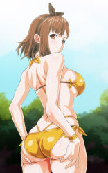 Rule 34 | 1girl, anime coloring, ass, atelier (series), atelier ryza, atelier ryza 1, back, bare arms, bikini, black bow, black hairband, blurry, blurry background, bow, bow hairband, bracelet, brown eyes, brown hair, closed mouth, hairband, hands on own ass, jewelry, lifting own clothes, looking at viewer, looking back, monteriakitto, outdoors, reisalin stout, short hair, single sidelock, sky, smile, solo, standing, swimsuit, thighs, tree, yellow bikini