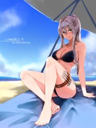 Rule 34 | 1girl, absurdres, bare shoulders, barefoot, beach, bikini, blue eyes, breasts, collarbone, commentary, day, highres, large breasts, long hair, looking at viewer, original, outdoors, silver hair, smile, solo, suiiryu, swimsuit, thigh strap, virtual youtuber