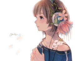 Rule 34 | 1girl, bare shoulders, brown hair, digital media player, flat chest, flower, from side, hair flower, hair ornament, headphones, highres, lips, listening to music, nose, off-shoulder, off-shoulder sweater, orie h, original, short hair, solo, spaghetti strap, sweater, upper body