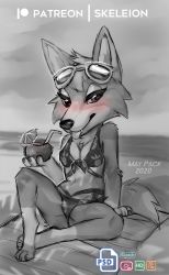 Rule 34 | 1girl, animal crossing, animal ears, animal feet, animal nose, arm support, artist name, audie (animal crossing), bare shoulders, barefoot, beach, beach towel, bikini, blurry, blurry background, blush, body fur, breasts, claws, cleavage, closed mouth, cocktail umbrella, coconut, cup, dated, day, drink, drinking straw, english text, eyewear on head, female focus, front-tie bikini top, front-tie top, full body, furry, furry female, greyscale, half-closed eyes, hand up, happy, holding, holding cup, horizon, knee up, looking at viewer, medium breasts, monochrome, nintendo, nose blush, outdoors, patreon logo, patreon username, pineapple print, sand, short hair, sitting, skeleion, sketch, smile, snout, solo, spot color, spread legs, sunglasses, swimsuit, tail, tongue, tongue out, towel, water, watermark, wolf ears, wolf girl, wolf tail