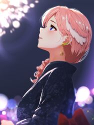 Rule 34 | 1girl, absurdres, back bow, black kimono, blue eyes, bow, braid, cohi27151463, earrings, fireworks, floral print, from side, hair over shoulder, head wings, highres, hololive, japanese clothes, jewelry, kimono, long hair, looking up, night, night sky, parted lips, pink hair, red bow, sky, solo, takane lui, takane lui (new year), upper body, virtual youtuber, wing earrings, wings