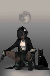 Rule 34 | 1girl, artist name, bare legs, black bow, black cat, black coat, black eyes, black footwear, black gloves, black hair, black shorts, boots, bow, cat, coat, collarbone, dark-skinned female, dark skin, dated, floral print, flower, full body, gloves, gradient background, grey background, hair bow, hair flower, hair ornament, hair over one eye, highres, lapels, looking at viewer, medium hair, moon, narue, notched lapels, one eye covered, original, shirt, shorts, solo, squatting, thigh strap, white shirt