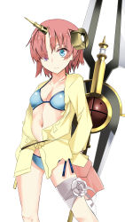 Rule 34 | 1girl, absurdres, alternate costume, bikini, blue bikini, blue eyes, breasts, collarbone, commentary request, fate/apocrypha, fate (series), frankenstein&#039;s monster (fate), frankenstein&#039;s monster (swimsuit saber) (fate), frankenstein&#039;s monster (swimsuit saber) (first ascension) (fate), hair over eyes, heterochromia, highres, horns, long sleeves, looking at viewer, navel, pink hair, short hair, single horn, small breasts, solo, swimsuit, weapon, yuge (yuge bakuhatsu)