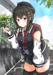Rule 34 | 1girl, abataa, absurdres, ahoge, backpack, bag, black hair, black hat, black skirt, black thighhighs, blue eyes, blue sky, braid, cellphone, cloud, commentary request, cowboy shot, day, detached sleeves, hair flaps, hair ornament, hair over shoulder, hat, highres, jacket, kantai collection, leaning forward, letterman jacket, long hair, looking at viewer, official alternate costume, outdoors, phone, pleated skirt, shigure (kancolle), single braid, skirt, sky, smartphone, solo, stairs, thighhighs