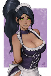 Rule 34 | 1girl, :d, apron, arms behind back, black hair, breasts, cleavage, corset, dark skin, dark-skinned female, earrings, female focus, forehead jewel, french maid nidalee, green eyes, highres, jewelry, league of legends, looking at viewer, maid, maid apron, maid headdress, medium breasts, nidalee, open mouth, ponytail, sciamano240, smile, solo, waist apron