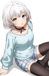 Rule 34 | 1girl, absurdres, arms at sides, bang dream!, bang dream! it&#039;s mygo!!!!!, black bow, black bowtie, black choker, black footwear, blue eyes, blue shorts, blue sweater, boots, bow, bow choker, bowtie, breasts, choker, collarbone, commentary, earrings, from above, heterochromia, highres, indian style, jewelry, kaname raana, knees out of frame, light blush, long sleeves, looking at viewer, looking up, medium breasts, medium hair, noshimurin, official alternate costume, parted lips, plaid, plaid shorts, shadow, shorts, simple background, sitting, solo, stud earrings, sweater, thigh boots, white background, white hair, yellow eyes