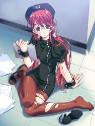 Rule 34 | 1girl, clipboard, glasses, green eyes, long hair, long legs, pantyhose, paper, red hair, sandals, shoes, single shoe, sitting, solo, torn clothes, torn pantyhose, tripping, wrist cuffs