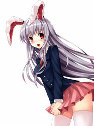 Rule 34 | 1girl, animal ears, bad id, bad pixiv id, blush, female focus, long hair, looking at viewer, mushroom (artist), open mouth, rabbit ears, red eyes, reisen udongein inaba, silver hair, simple background, skirt, solo, thighhighs, touhou, white background, white thighhighs