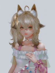 Rule 34 | 1girl, :3, ahoge, animal ear fluff, animal ears, aoi ogata, artist name, bare shoulders, black nails, choker, clip studio paint (medium), closed mouth, collarbone, commentary, commission, copyright request, crescent, dress, english commentary, grey background, hand up, highres, light brown hair, long hair, nail polish, off-shoulder dress, off shoulder, red lips, side ponytail, simple background, solo, virtual youtuber, white choker, white dress