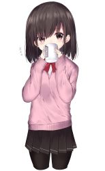 Rule 34 | black hair, black pantyhose, black skirt, bow, bowtie, buttons, coffee mug, commentary request, cowboy shot, cropped legs, cup, drinking, highres, holding, long sleeves, looking at viewer, mug, neku (neku draw), original, pantyhose, pink sweater, pleated skirt, purple eyes, red bow, red bowtie, school uniform, short hair, simple background, skirt, sleeves past wrists, standing, sweater, tareme, translated, white background