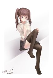 Rule 34 | 1girl, black skirt, black thighhighs, breasts, brown hair, closed mouth, commentary request, dated, hand on own chest, head tilt, highres, hood, hood down, hoodie, karin (fineyanny), long hair, medium breasts, no shoes, original, pleated skirt, purple eyes, school uniform, sidelocks, signature, sitting, skirt, solo, thighhighs, twintails, white hoodie