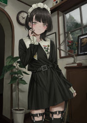 Rule 34 | 1girl, absurdres, belt, black belt, black dress, black hair, black nails, black thighhighs, blush, clock, closed mouth, cross, cross necklace, desk lamp, dress, fingernails, gishiki (gshk), hand up, highres, indoors, jewelry, lamp, latin cross, long sleeves, looking at viewer, maid headdress, medium hair, monitor, nail polish, necklace, o-ring, o-ring thigh strap, original, plant, potted plant, solo, standing, thigh strap, thighhighs, wall clock, window, yellow eyes