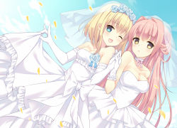 Rule 34 | 2girls, ;d, bare shoulders, bekotarou, blue eyes, breasts, choker, clothes lift, cloud, collarbone, day, dress, dress lift, gloves, holding hands, long hair, looking at viewer, medium breasts, multiple girls, one eye closed, open mouth, original, petals, pink hair, short hair, sky, small breasts, smile, strapless, strapless dress, veil, very long hair, wedding dress, white dress, white gloves, yellow eyes