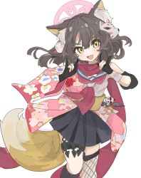 Rule 34 | 1girl, animal ear fluff, animal ears, animal hair ornament, black gloves, black skirt, blue archive, blue sailor collar, brown hair, detached sleeves, fang, feet out of frame, fishnet thighhighs, fishnets, floral print, fox ears, fox shadow puppet, fox tail, gloves, halo, highres, izuna (blue archive), japanese clothes, kunai, leg strap, looking at viewer, neckerchief, nomi mushi, open mouth, partially fingerless gloves, pink neckerchief, pink scarf, sailor collar, scarf, school uniform, serafuku, simple background, single thighhigh, skin fang, skirt, solo, tail, thigh strap, thighhighs, weapon, white background, yellow eyes