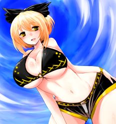 Rule 34 | 1girl, bad anatomy, bare shoulders, blonde hair, bow, breasts, cleavage, curvy, dutch angle, female focus, hair bow, hair ribbon, hair up, han (jackpot), huge breasts, kurodani yamame, large breasts, looking at viewer, midriff, navel, open mouth, ribbon, short hair, short shorts, shorts, sky, smile, solo, touhou, wide hips, yellow eyes