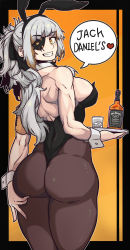 Rule 34 | absurdres, animal ears, ass, black leotard, bow, bowtie, breasts, cuffs, detached collar, dinoyhs, drink, english text, artistic error, eyepatch, fake animal ears, girls&#039; frontline, highres, holding, holding plate, jack daniel&#039;s, leotard, m16a1 (boss) (girls&#039; frontline), m16a1 (girls&#039; frontline), mole, mole under eye, muscular, muscular female, pantyhose, plate, playboy bunny, ponytail, rabbit ears, scar, scar across eye, scar on face, smile, solo, strapless, strapless leotard, thighs, white hair, wrist cuffs, wrong hand
