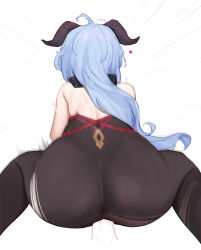Rule 34 | 1boy, 1girl, absurdres, ass, back, black bodysuit, black pantyhose, blue hair, bodysuit, bow, clothed sex, covered anus, erection, from behind, ganyu (genshin impact), genshin impact, hair bow, heart, hetero, highres, horns, long hair, motion lines, pantyhose, penis, pov, reverse upright straddle, sawaki ken, sex, sex from behind, simple background, spread legs, torn bodysuit, torn clothes, vaginal, white background