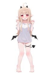 1girl ahoge bitseon black_horns black_wings blonde_hair borrowed_character commentary demon_girl demon_tail highres horns long_hair looking_at_viewer original pointy_ears red_eyes shirt solo t-shirt tail white_background white_shirt wings