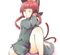 Rule 34 | 1girl, ;/, animal ears, arm support, blunt bangs, braid, cat ears, cat tail, dress, extra ears, feet out of frame, ginnkei, kaenbyou rin, knee up, multiple tails, one eye closed, red eyes, red hair, simple background, tail, touhou, twin braids, white background