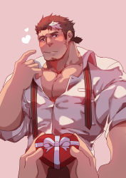 Rule 34 | 1boy, absurdres, alternate facial hair, bara, beard, blush, box, brown hair, cigarette, commentary request, facial hair, gift, gift box, goatee, guoguo, heart, heart-shaped box, highres, holding, holding gift, large pectorals, long sideburns, male focus, mature male, mononobe kyoma, multicolored hair, muscular, muscular male, necktie, partially unbuttoned, pectoral cleavage, pectorals, pointing, pointing at self, pov, short hair, sideburns, sleeves rolled up, solo focus, streaked hair, tokyo houkago summoners, undone necktie, white day, white hair