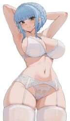 Rule 34 | 1girl, armpit crease, armpits, arms behind head, arms up, blue hair, blush, bra, braid, breasts, brown eyes, cameltoe, cleavage, commission, crown braid, fire emblem, fire emblem: three houses, garter belt, highres, lace, lace-trimmed bra, lace trim, large breasts, lingerie, long hair, looking at viewer, marianne von edmund, navel, nintendo, nvl, panties, see-through, smile, solo, thick thighs, thighhighs, thighs, underwear, underwear only, white bra, wide hips