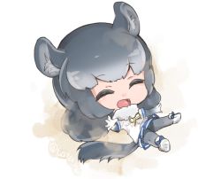 Rule 34 | 10s, 1girl, :d, ^ ^, animal ears, big head, chibi, chinchilla (kemono friends), closed eyes, colored eyelashes, dust cloud, elbow gloves, full body, fur trim, gloves, grey gloves, grey hair, grey pantyhose, kemono friends, miniskirt, open mouth, outstretched legs, pantyhose, shoe soles, short sleeves, simple background, skirt, smile, solo, tail, tatsuno newo, twitter username, white background, white footwear