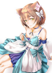 Rule 34 | 10s, 1boy, :3, animal ears, aqua bow, arm support, bare shoulders, bob cut, bow, brown hair, cat boy, cat ears, choker, closed mouth, clothes pull, collarbone, crossdressing, detached sleeves, downblouse, dress, dress pull, eyebrows, eyelashes, felix argyle, flashing, flat chest, frills, from above, gradient background, hair bow, jewelry, light brown hair, looking at viewer, maisaki, male focus, nipples, pendant, re:zero kara hajimeru isekai seikatsu, sash, short eyebrows, short hair, sitting, sleeveless, sleeveless dress, smile, solo, strap slip, trap, white background, white bow, yellow eyes