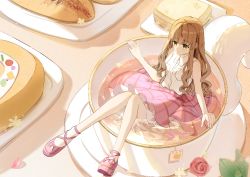 Rule 34 | 1girl, bow, brown eyes, brown hair, chunzisame, cup, fate/extra, fate (series), flower, food, in container, in cup, kishinami hakuno (female), long hair, mini person, minigirl, pink footwear, pink skirt, rose, sandwich, shirt, sitting, skirt, solo, teacup, white legwear, white shirt