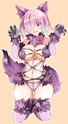 Rule 34 | 1girl, animal ears, blush, bow, breasts, claws, cleavage, cropped legs, enpe, eyebrows, fang, fate/grand order, fate (series), fur, fur collar, fur trim, gluteal fold, hair over one eye, halloween costume, highres, knees together feet apart, looking at viewer, mash kyrielight, mash kyrielight (dangerous beast), medium breasts, navel, o-ring, official alternate costume, open mouth, orange background, outline, panties, purple eyes, purple hair, purple panties, short hair, simple background, solo, striped, striped bow, tail, underwear, wolf ears, wolf tail