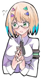 Rule 34 | 1girl, blonde hair, blush, collared shirt, enpe, glasses, green eyes, hair ornament, highres, long sleeves, open mouth, original, shirt, short hair, simple background, solo, sweatdrop, upper body, white background, white shirt