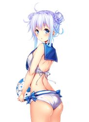 Rule 34 | 10s, 1girl, :o, ahoge, alternate costume, alternate hairstyle, ass, back, ball, beachball, bikini, blue bow, blue eyes, blue hair, blush, bow, breasts, commentary request, cowboy shot, double bun, gabao., gradient hair, hair bun, hibiki (kancolle), highres, holding, holding ball, kantai collection, light purple hair, multicolored hair, open mouth, ribbon, sailor bikini, sailor collar, shiny skin, short hair, short hair with long locks, simple background, small breasts, solo, standing, swimsuit, tareme, white background, white bikini, white ribbon