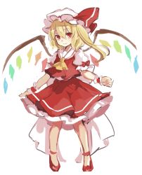Rule 34 | 1girl, blonde hair, boots, bow, bowtie, flandre scarlet, frilled skirt, frills, hair between eyes, hat, hat bow, looking at viewer, mob cap, paragasu (parags112), puffy short sleeves, puffy sleeves, red bow, red eyes, red footwear, red shirt, red skirt, shirt, short sleeves, side ponytail, simple background, skirt, skirt set, smile, solo, standing, touhou, white background, wings