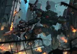 Rule 34 | armored core, city, damaged, fire, glowing, glowing eye, gun, highres, holding, holding gun, holding weapon, looking ahead, mecha, no humans, one-eyed, original, rapama, red eyes, robot, science fiction, solo, weapon