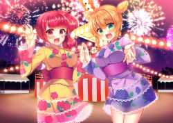 Rule 34 | 2girls, :d, aerial fireworks, blonde hair, blunt bangs, blush, breasts, commentary request, cone hair bun, fang, fireworks, floral print, hair between eyes, hair bun, japanese clothes, kimono, lace, lace-trimmed kimono, lace-trimmed sleeves, lace trim, lantern, large breasts, long hair, long sleeves, looking at viewer, multiple girls, night, night sky, obi, open mouth, original, outdoors, paper lantern, print kimono, purple kimono, red eyes, red hair, rose print, sash, side ponytail, sky, smile, suzunone rena, wide sleeves, yellow kimono, yukata