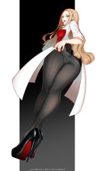 Rule 34 | 1girl, anus, ass, black background, black footwear, black pantyhose, blonde hair, breasts, creatures (company), earrings, expressionless, full body, game freak, green eyes, high heels, highres, hoop earrings, jewelry, lab coat, lips, lipstick, long hair, looking at viewer, looking back, makeup, medium breasts, miniskirt, nail polish, nintendo, no panties, oleana (pokemon), pantyhose, parted bangs, patreon username, pokemon, pokemon swsh, pussy, red nails, see-through, shirt, short sleeves, simple background, skirt, solo, spread ass, standing, tofuubear, two-tone background, uncensored, white background