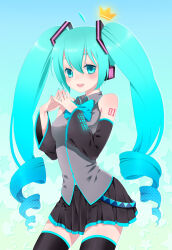 Rule 34 | 1girl, ahoge, bare shoulders, black skirt, black thighhighs, blue background, blue bow, blue bowtie, blue eyes, blue hair, blue nails, blush, bow, bowtie, breasts, collared shirt, crown (symbol), detached sleeves, drill hair, ee0418, fingernails, gradient background, green background, grey shirt, hair between eyes, hair ornament, hands up, hatsune miku, headphones, long hair, long sleeves, looking at viewer, medium breasts, miniskirt, nail polish, number tattoo, open mouth, pleated skirt, shirt, skirt, smile, solo, standing, star (symbol), tattoo, teeth, thighhighs, tongue, twintails, vocaloid, wide sleeves
